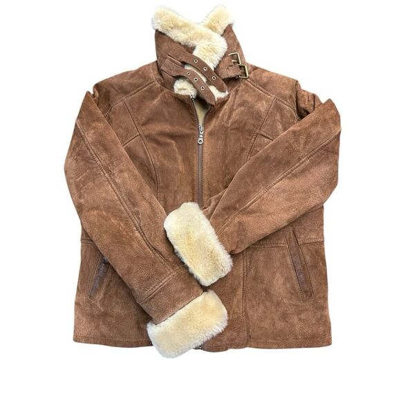 Wilson Leather Suede Faux Shearling Aviator Jacket Brown Coat Women’s Medium - Picture 2 of 12